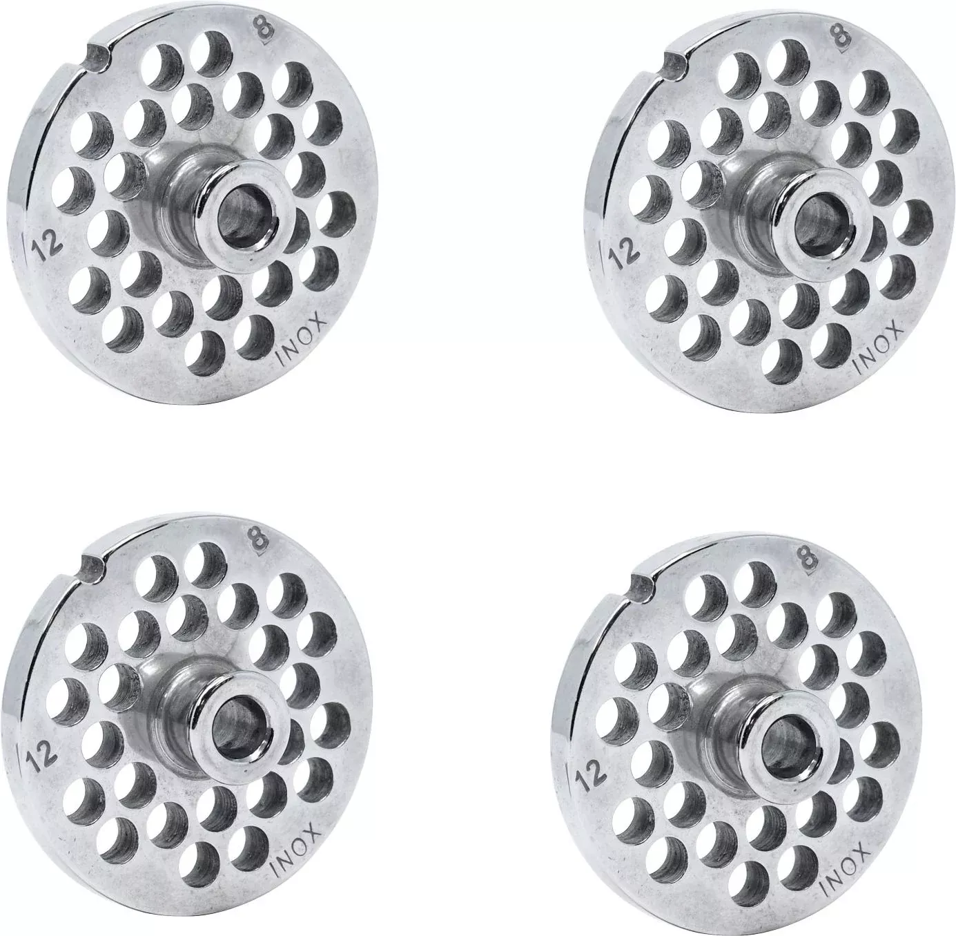 omcan-12-8-mm-european-style-stainless-steel-meat-grinder-plate-with-hub-pack-3- Omcan - #12 (8 mm) European-Style Stainless Steel Meat Grinder Plate with Hub, Pack of 3 - 11195