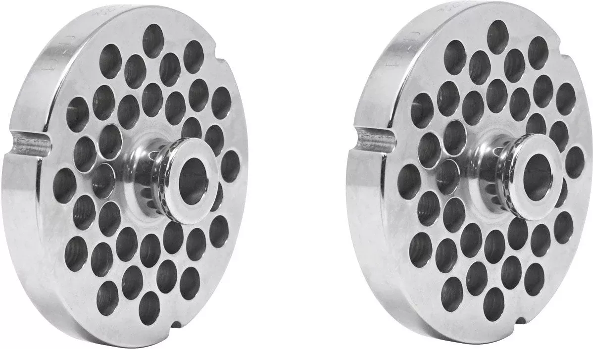 omcan-32-10-mm-stainless-steel-meat-grinder-plate-with-hub-3-notches-pack-2-3755 Omcan - #32 (10 mm) Stainless Steel Meat Grinder Plate with Hub & 3 Notches, Pack of 2 - 37558