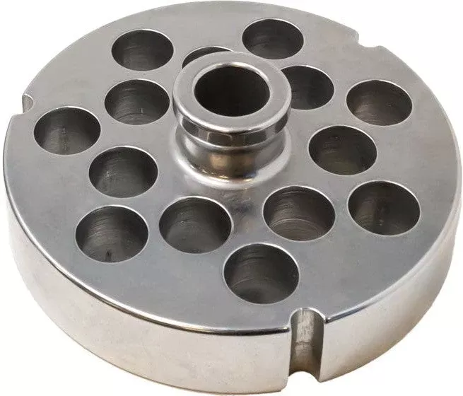 omcan-52-19-2-mm-stainless-steel-meat-grinder-plate-with-hub-3-notches-11178 Omcan - #52 (19.2 mm) Stainless Steel Meat Grinder Plate with Hub & 3 Notches - 11178